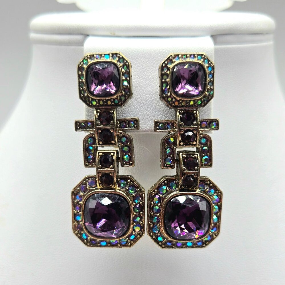 Heidi Daus Purple & Aurora Borealis Swarovski Crystal Clip-On Earrings Art Deco